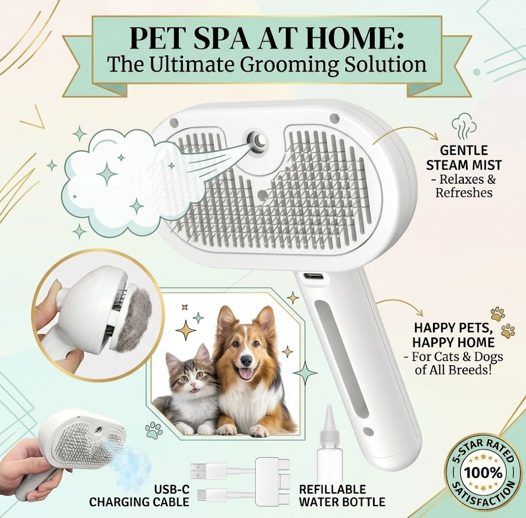 Cat Shedding Steamer Brush, 3 in 1 Self Cleaning Dog Brush for Long and Short Hair