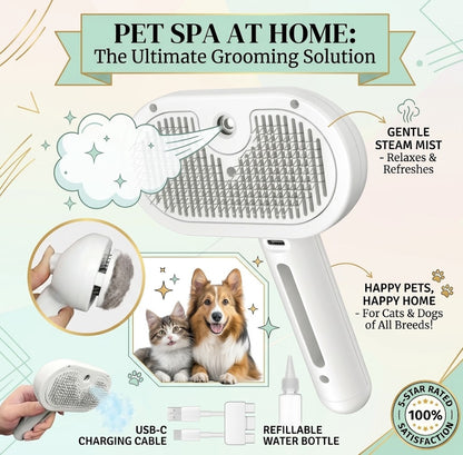 Cat Shedding Steamer Brush, 3 in 1 Self Cleaning Dog Brush for Long and Short Hair